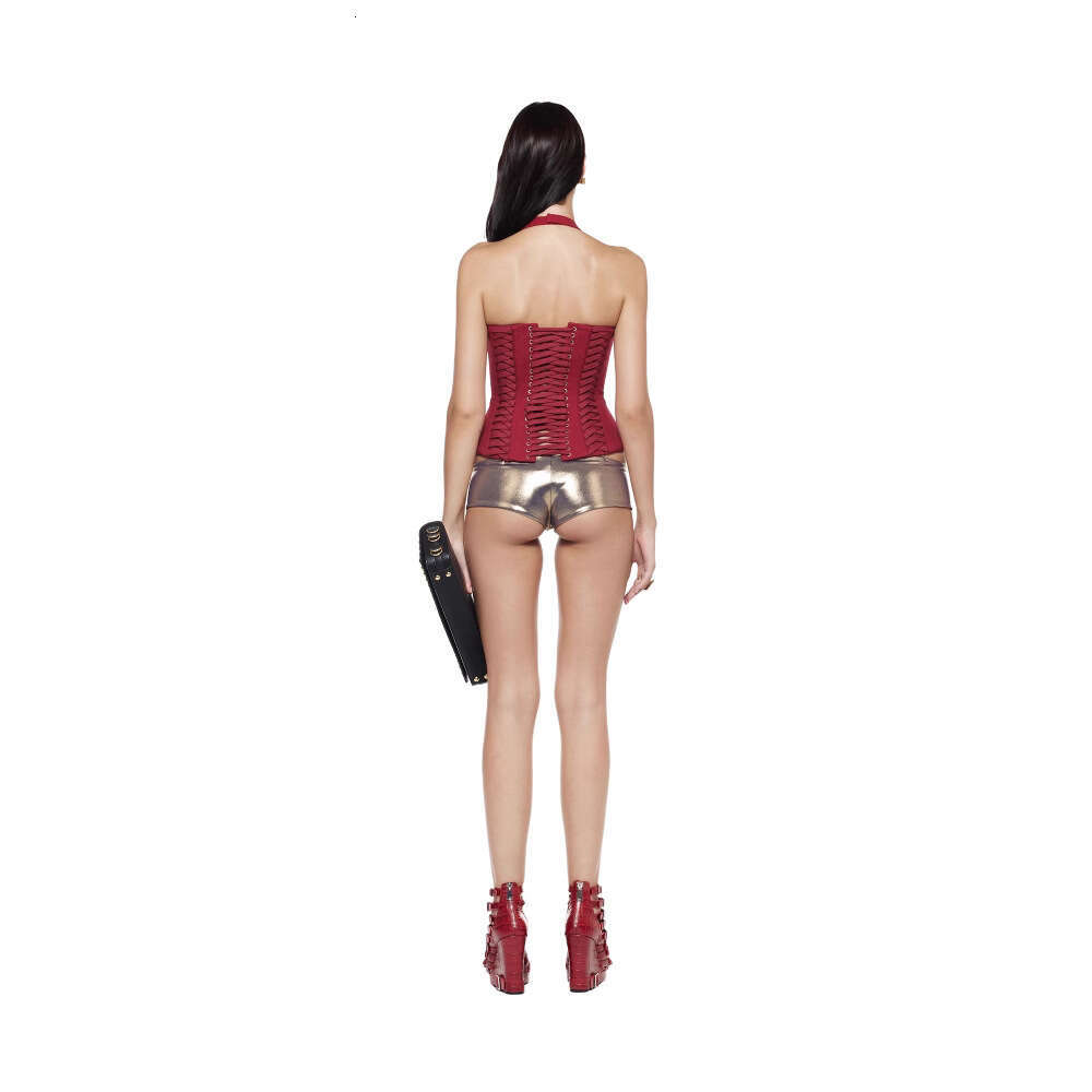 New Style Tie Waist Zipper Vest Sexy Halter Neck Deep V Tight Short Top