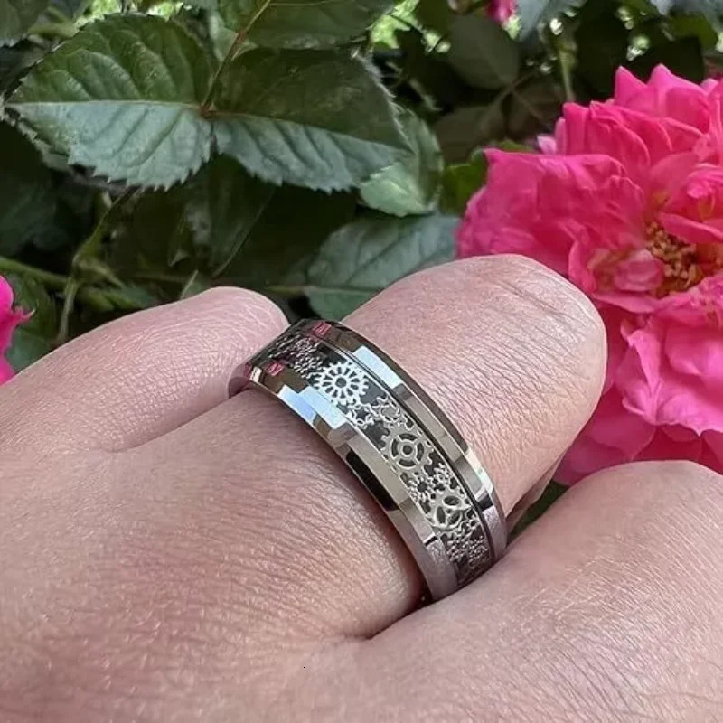 Fashion Steampunk Gear Wheel Men Stainless Steel Ring Inlay Carbon Fiber Rings For Men Rock Punk Wedding Band Jewelry 250616
