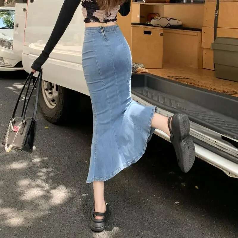 Female Jeans Skirts Midi With Slit Korean Style Streetwear Chic and Elegant Clothing Trend 2025 Harajuku Womens Denim Skirt