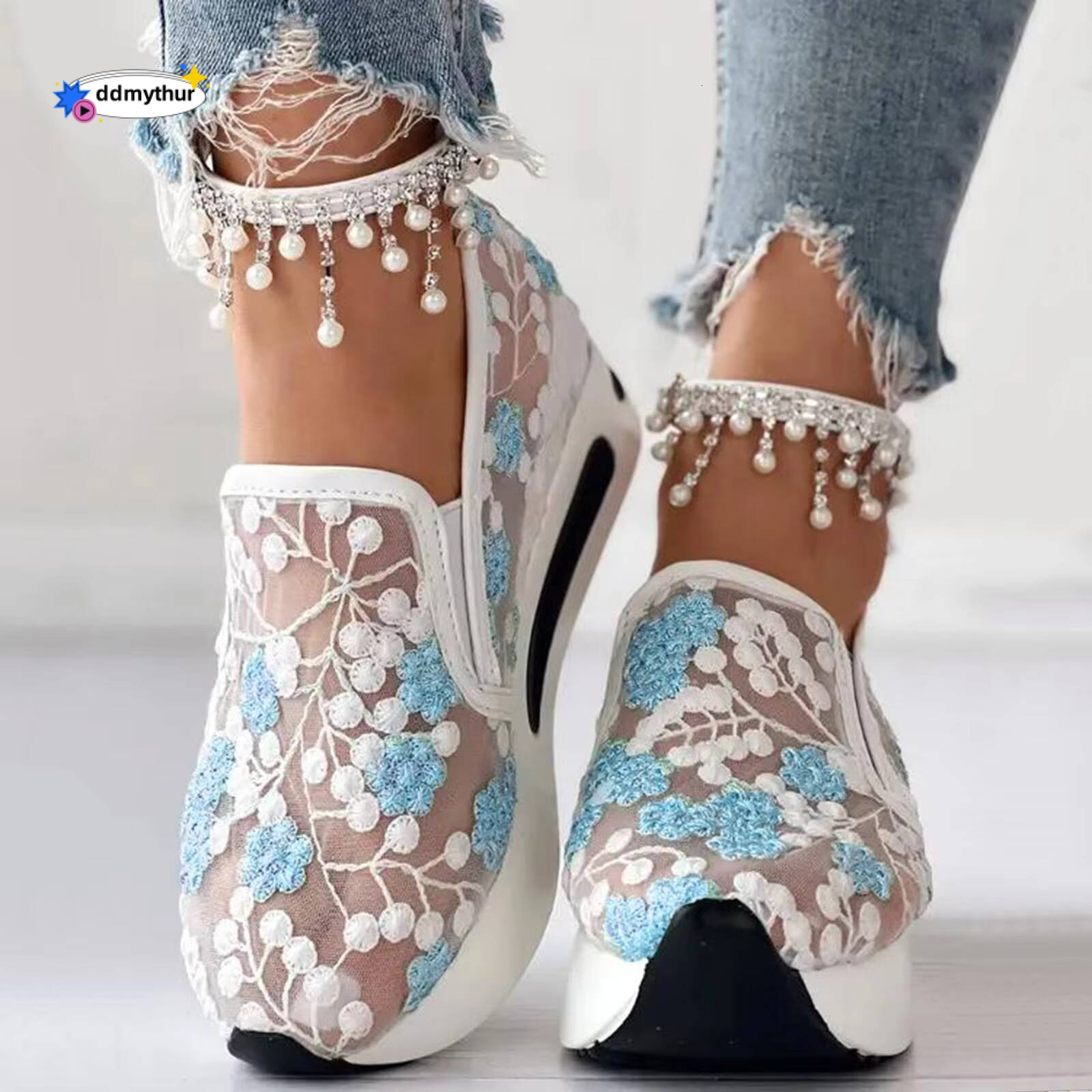 Sneakers Ladies Fashion Breathable Lace Mesh Flower Embroidery Round Head Thick Bottom Women'S Summer Footwear ddmythur