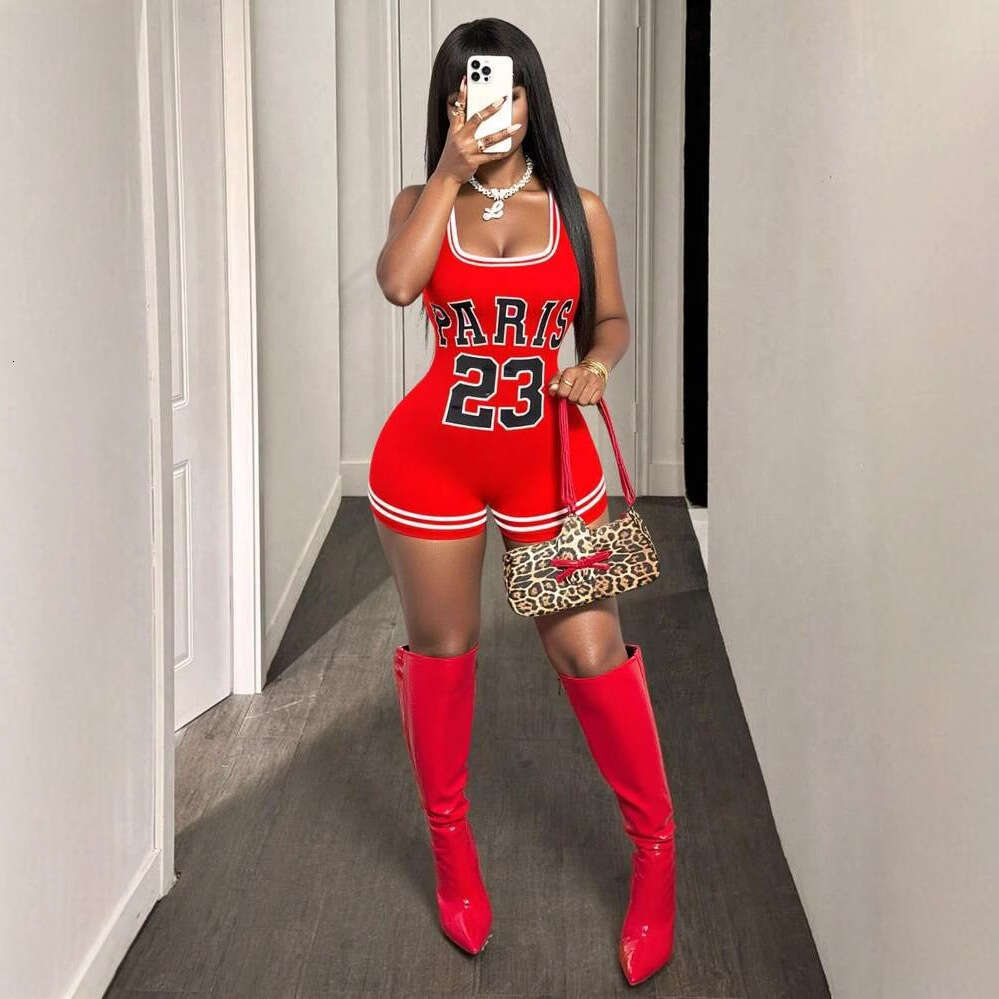 Summer New Women's Sexy Hot Girl Slim Fit Printed Strap U-Neck Bodycon Shorts Jumpsuit B5