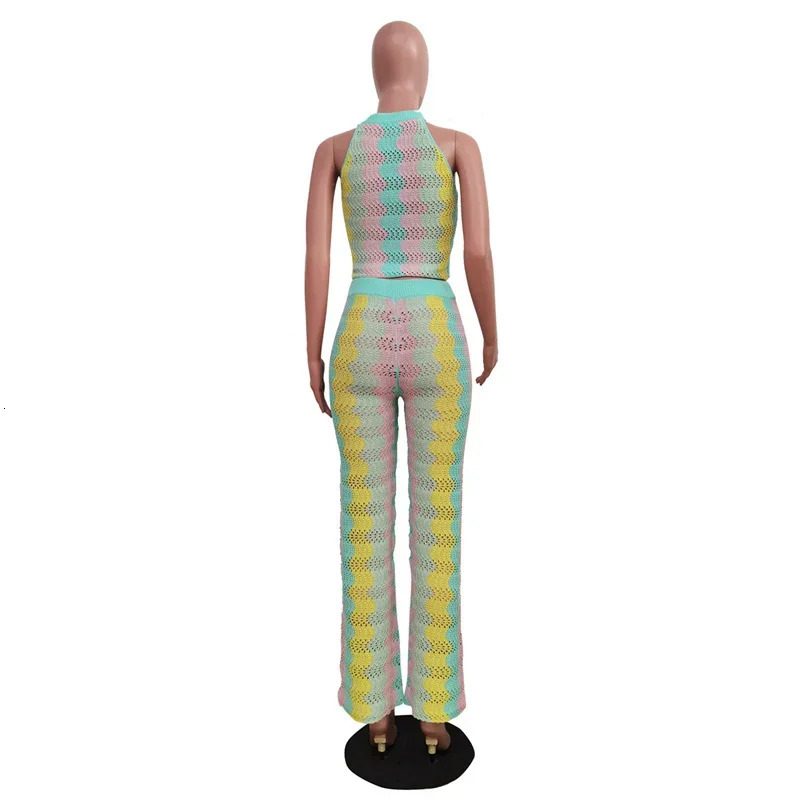 Knitted Striped 2 Piece Sets Women Outfit Summer Beach Vacation Sleeveless Crop Top and Flare Pants Matching Sets Club Party 250616