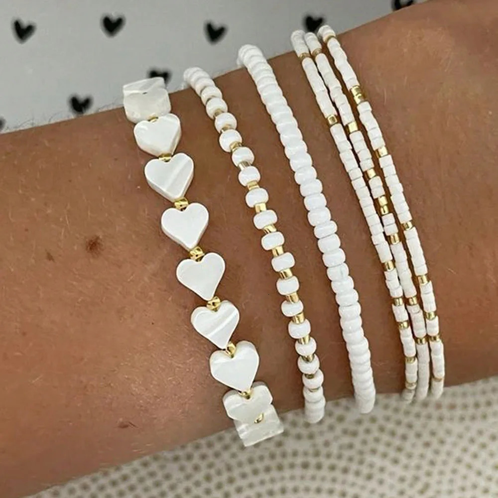 6pcs Set Of Delicate White Bead Heart Shell Handmade Beaded Elastic MultiLayer Bracelets For Valentines gift B082 250613