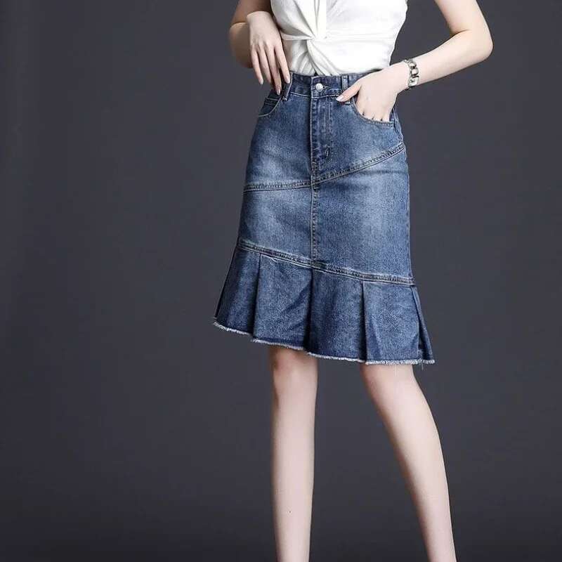Blue Woman Denim Skirt Ruffle High Waist Luxury Elegant Vintage Streetwear Stylish Korean Fashion Modest Jeans Skirts for Women