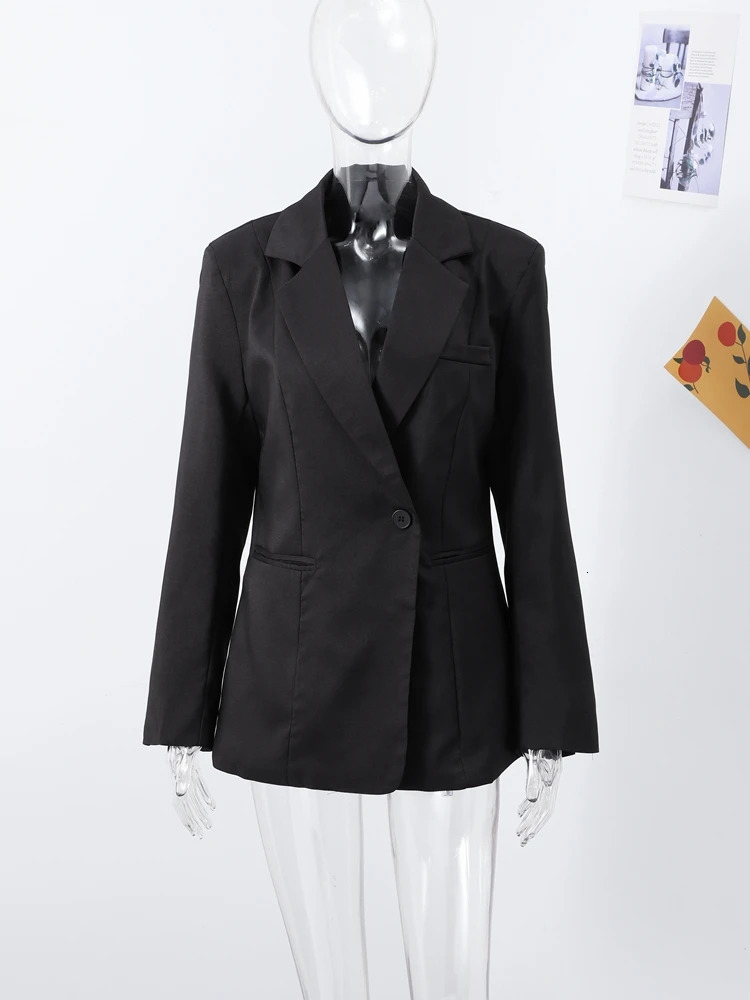 Elegant Slim Solid Womens Blazers Lapel One Button Shoulder Pads Long Sleeve Jacket 2025 Spring Office Lady Commute Outwear 250614