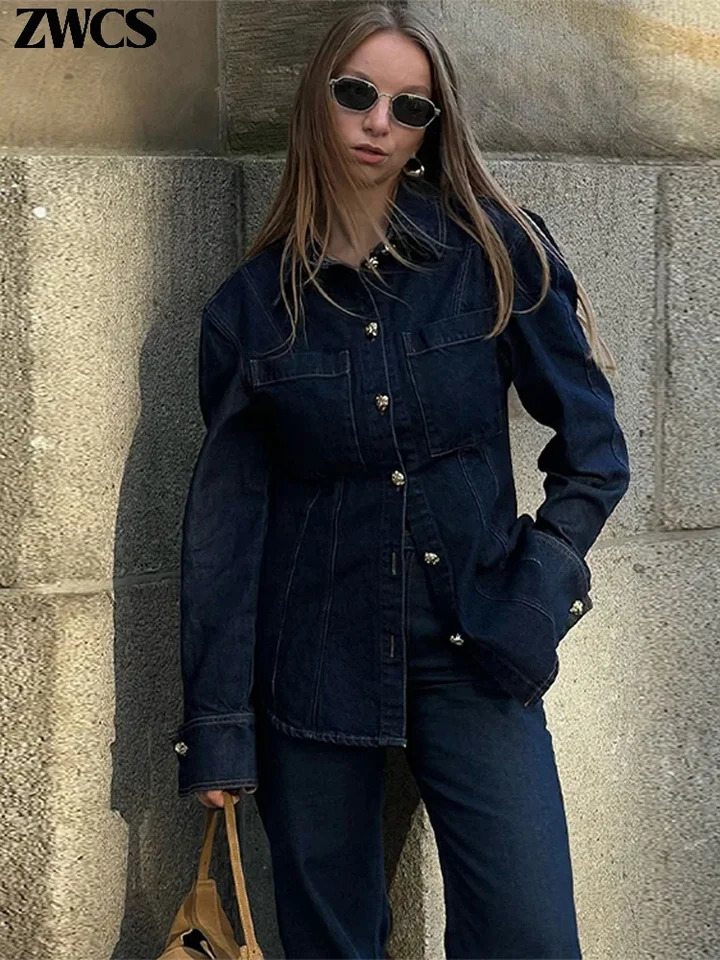 Fashion Denim Jackets Jeans Suit Women Street Lapel Single Breasted Pockets Jacket Loose Denim Pants 2025 Ladies Vintage Set 250616