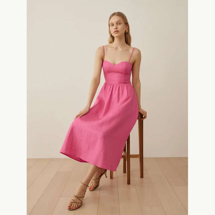 Maxi Dress for Women Bodycon Dresses for Women Skirt Robe Sexy June 417#summer New Green Strap Linen Mid-length Dress 2025 French Style Womens Fashion