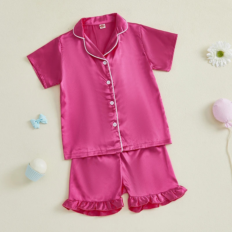 Pudcoco Infant Kids Baby Girls Summer 2Pcs Pajama Sets Short Sleeve Lapel Solid Color Shirt Shorts Sleepwear 1-10T 250617
