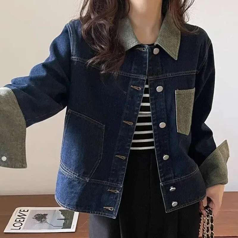 Long Sleeve Contrasting Colors Plain Cowboy Coat Woman Outerwears Outdoor Clothing Novelties Low Cost Denim Jacket for Women