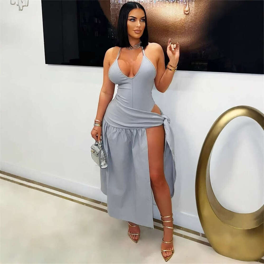 New Fashion Solid Color Slim Fit Sexy Deep V Tie Backless Split Long Strap Dress For Women B5
