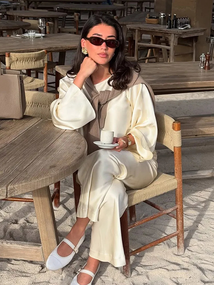 White Satin Long Pants Suit Women Elegant Full Sleeve Round Neck High Waist Loose 2-piece Set 2025 Summer Fashion Lady Wear 250616