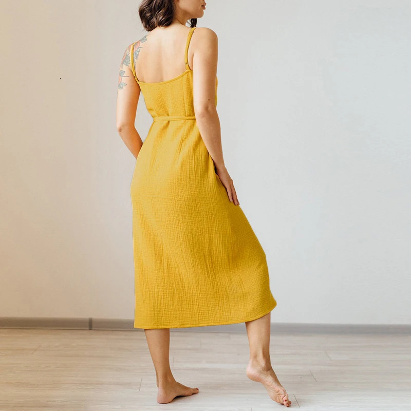 Vintage WomenS Dress 100% Cotton Crepe Gauze V-Neck Sleeveless Bandage Long Maxi Elegant Dresses For Women 250616