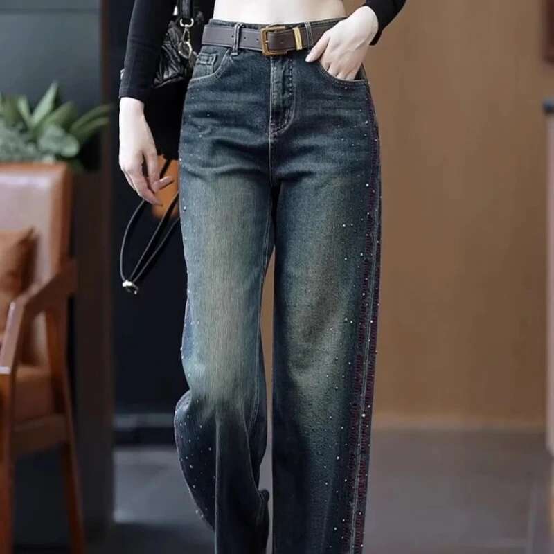 Womens Jeans Wide Leg Medium Female Cowboy Pants Waist Wash on Sale Teenagers Shiny Top Selling Vintage Wholesale Emo Trousers