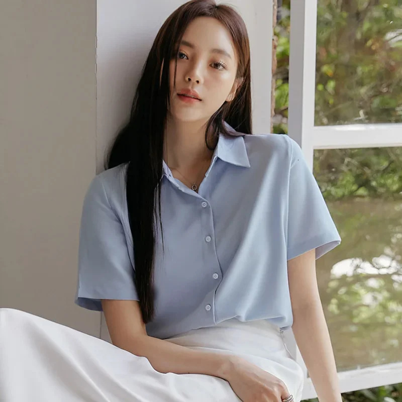 WomenS Korean Chiffon Fashion Cardigan Top Female Summer Loose Thin Trend Slim Versatile Short Sleeve Lapel Neck Shirt 250616
