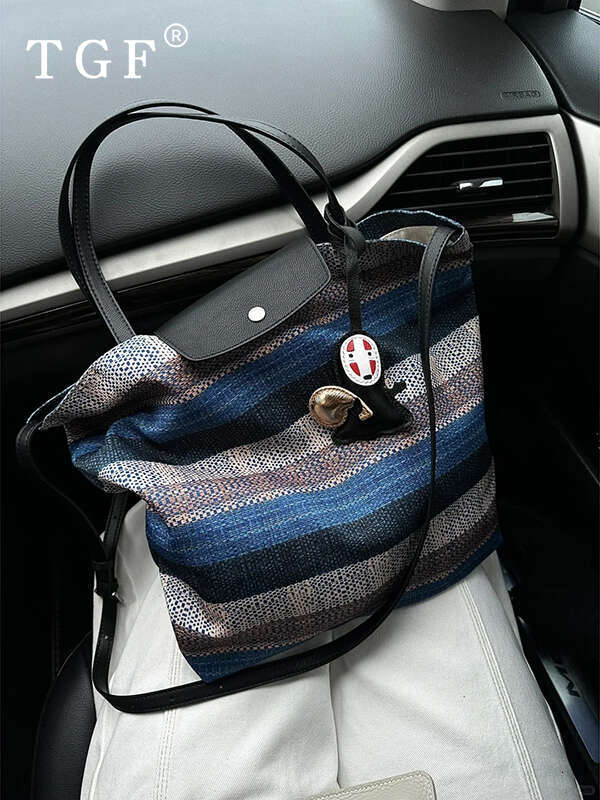 Handheld Canvas for Women New Summer Light Luxury Niche Design Striped Large Capacity Crossbody Tote Bag