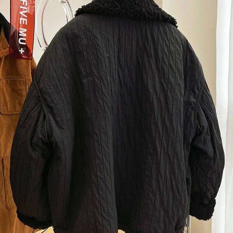 2024 New High-end Imitation Lamb Wool Women Autumn Winter Loose Thickened Warm Reversible Cotton-padded Jacket Preppy