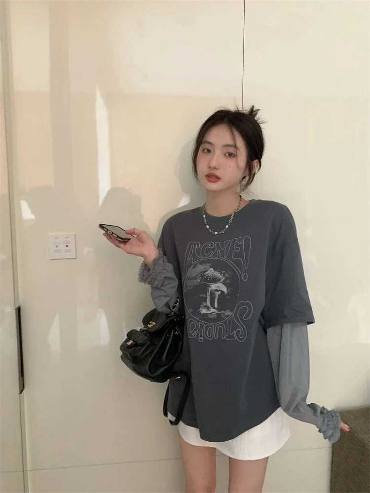Female Tops Tshirts 2025 With Print Grey Graphic Loose Womens T Shirts Offer Elegant Classy Clothes Aesthetic Funny New In Tees