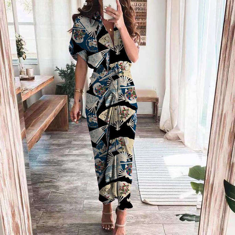 Spring New Women's Short Sleeve Elegant Fashion Commuter High Waist Printed Cardigan Dress B5