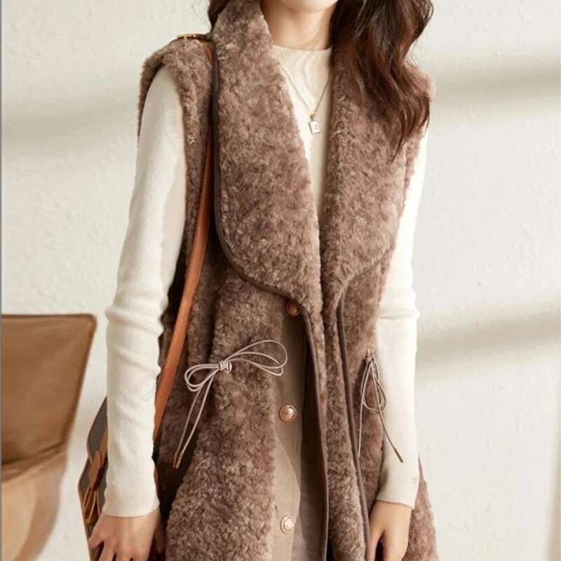 Drawstring Womens Lamb Plush Vests Loose New Outerwear Demi-season Elegant Autumn Lady Giletes Classic Sleeveless Warm Pretty