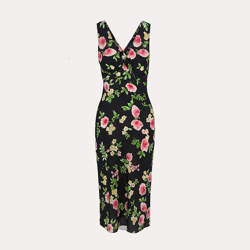 Calf Summer Dresses for Women N696 Silk Deep V-neck Low-cut Sleeveless Slim Fit Asymmetrical Cut Mermaid Print French Vacation Style Dress for Women