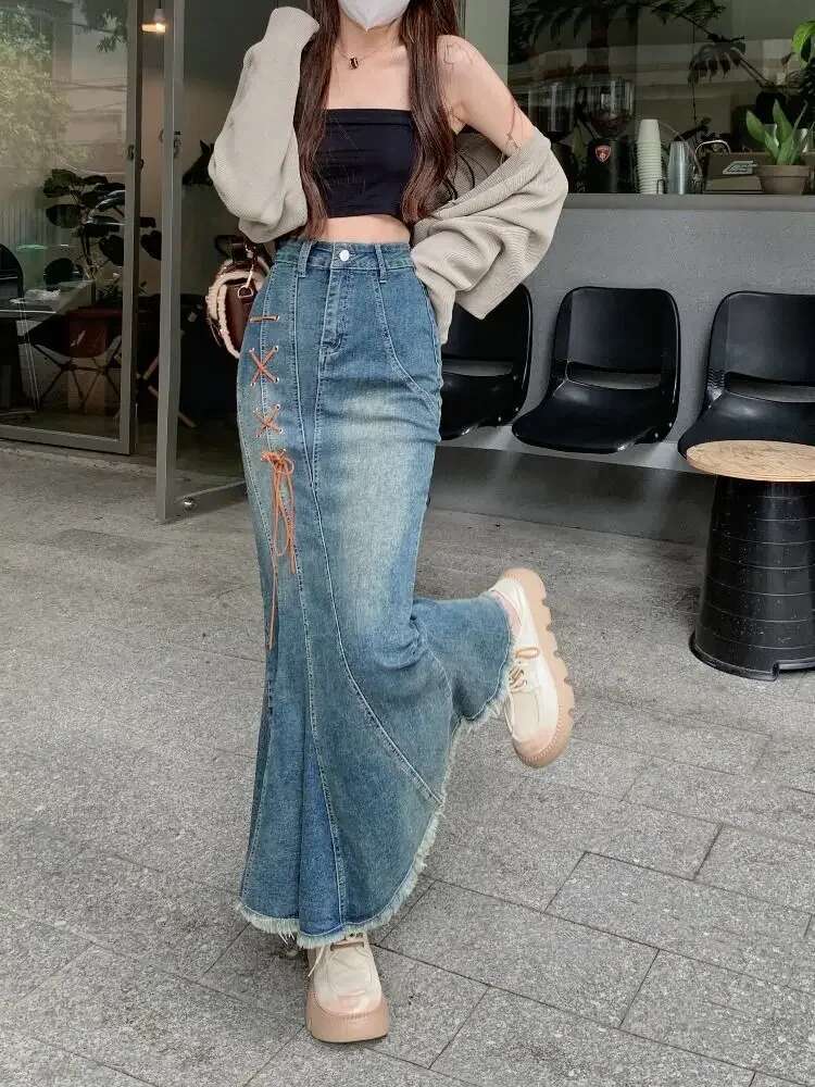 High Waist with Strings Gyaru Jeans Skirts for Women Blue Clothing Sales Summer 2025 Y2k Vintage Modest Trend Woman Denim Skirt
