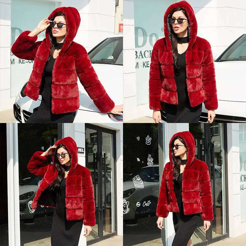 Faux Rabbit with Hood Women, Cropped Winter Jacket, Fashion Style, Fake Fur Coat for Lady