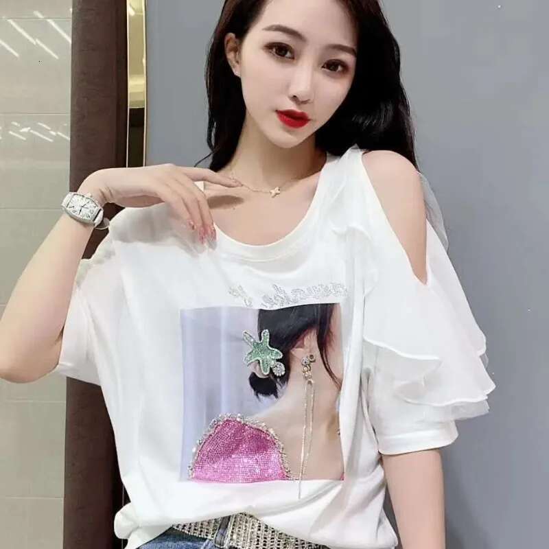 Tops Woman Rhinestone Graphic Off Shoulder Baggy Sexy T Shirt for Women Coquette Clothes Summer Outfit Glitter Sequin Emo Y2k
