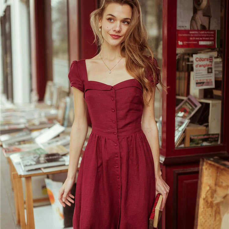 Dresses for Woman Party Vestido Dresses for Woman Dress Di Shi 427 Summer New 2025 Solid Color Square Neck Short Sleeve Linen Niche French Dress