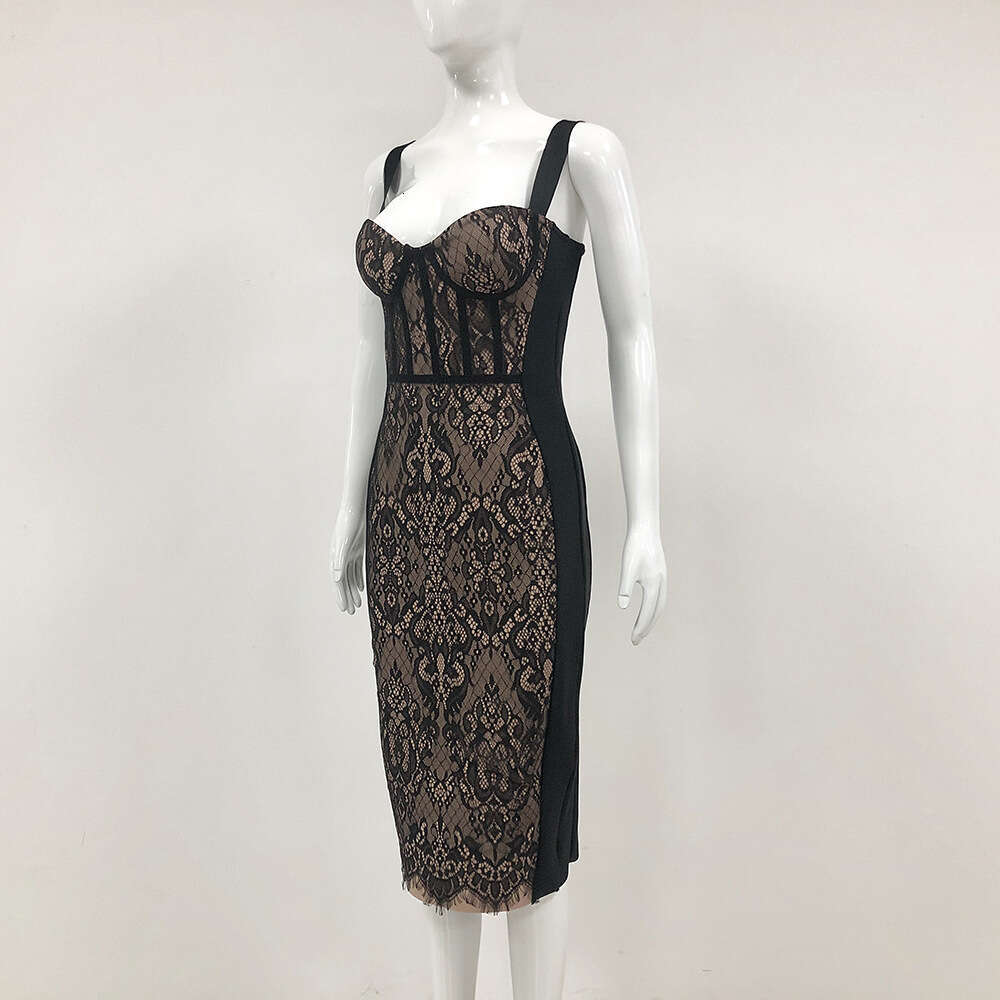 Autumn Winter New Fashion Low-Cut Sexy Lace Strap Bandage Tight-Fitting French Style Bodycon Long Dress