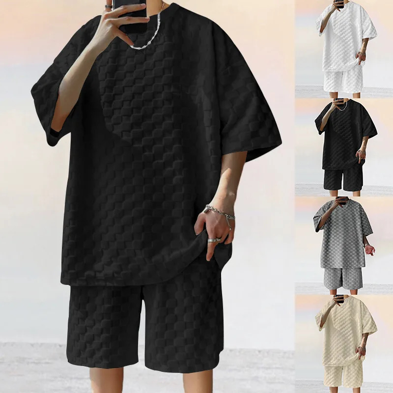 European and American Oversized Fashion Mens Summer Chessboard Plaid Loose Sports and Leisure Two-Piece Set 250616