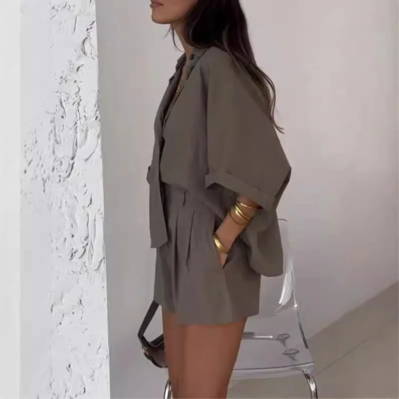 Simple Casual Solid Color Two-piece Set For Women Spring Half-sleeved Button Lapel Shirt Top Shorts Suit Summer Loose Chic Suit 250613