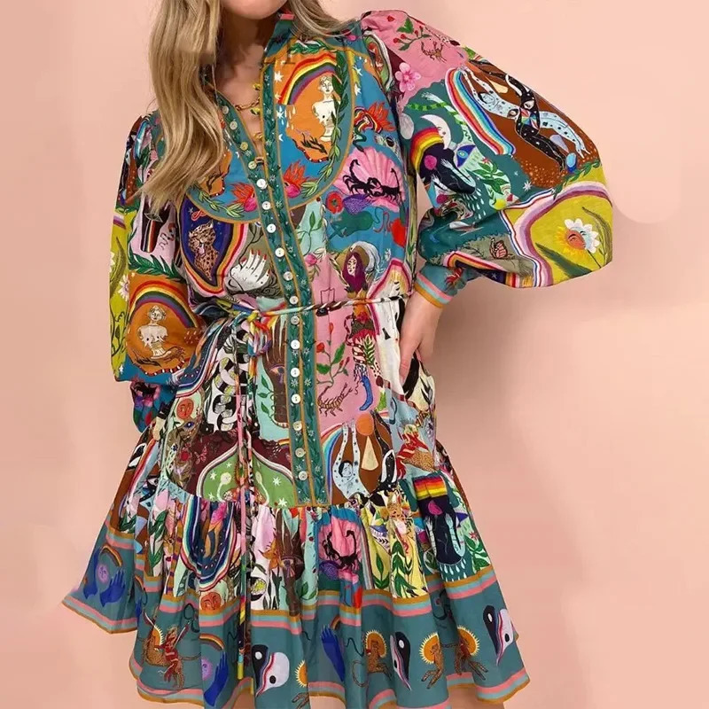 2025 Womens Long Sleeve Pleated Dress Belted Print Collar Cross-Border Fashion Empire Waist Maxi Skirt Style Dress 250616