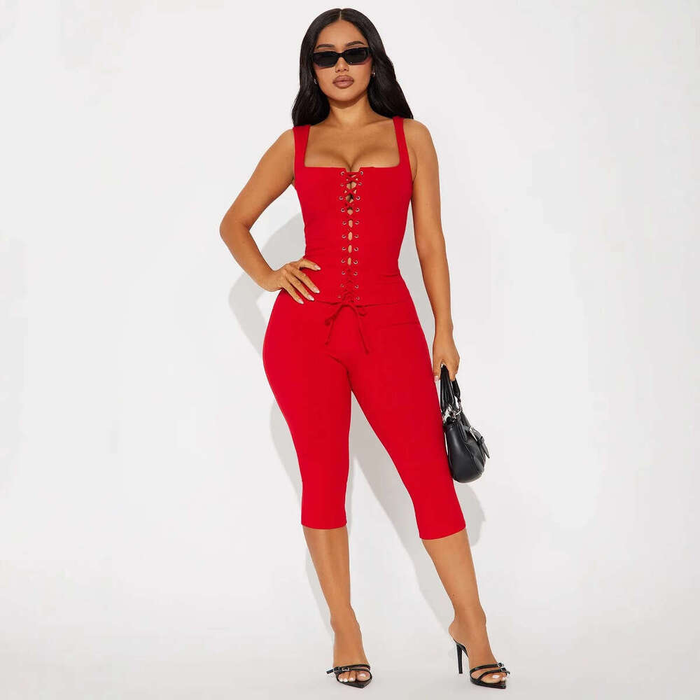 Summer New Style Hot Girl Front Tie Strap Vest And Shorts Set Women's Fashion B5