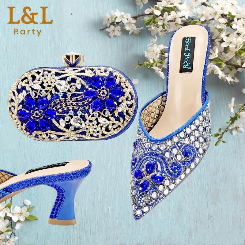Dress Shoes Fashion Nigeria Design Rhinestone-encrusted Sex Ladies And Bag High Heels Sandals With Gold Color Mini For Party