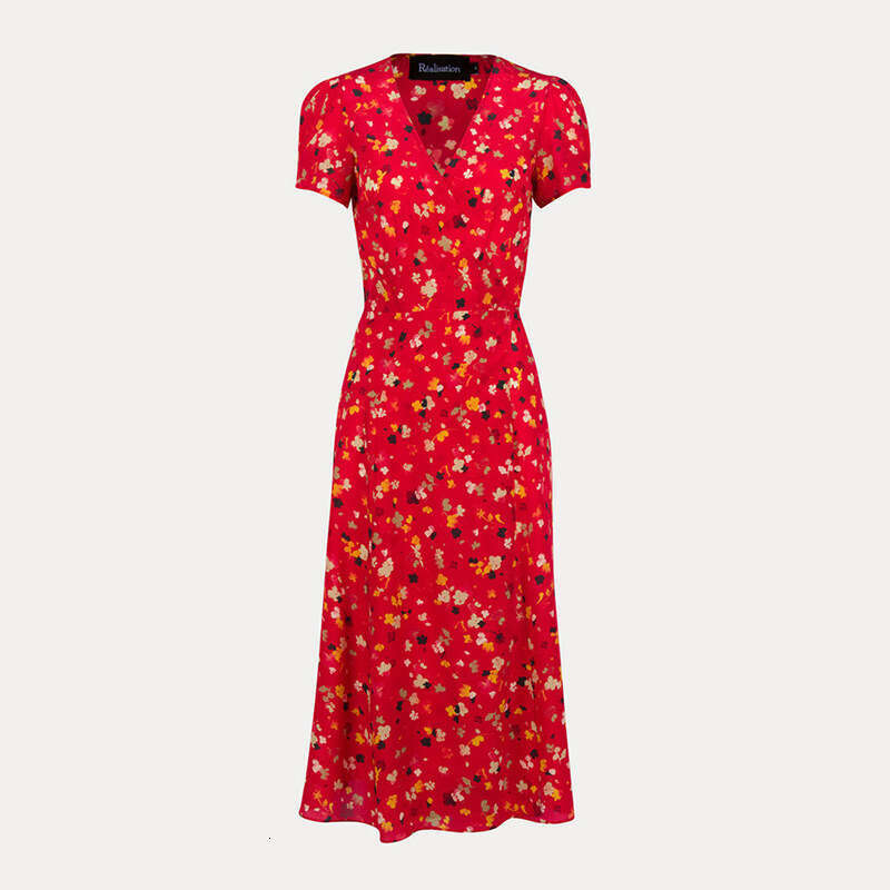 Womens Designer Clothing Dresses for Woman Devise Goth Plus Size Dresses 687 Silk Tea Short Sleeve V-neck Waist Tie Wrap Dress Printed French Style Wo