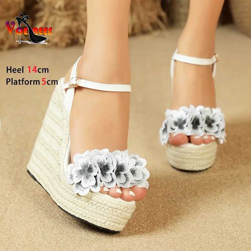 Women Sexy Wedge Sandals with Flower Sexy 14cm Fashion Simple Slope Heel Waterproof Platform Hemp rope woven bottom Car Sandals Z250617