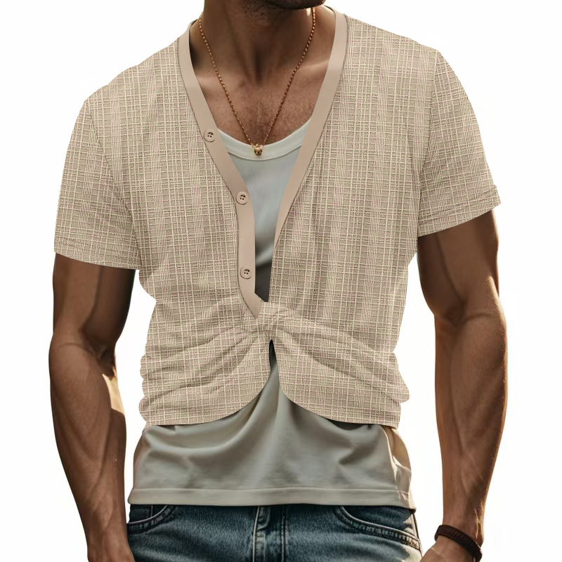 Men's T-shirt sports top summer faux linen bamboo and cotton short-sleeved loose casual button carouselEuropean code: S-3XL