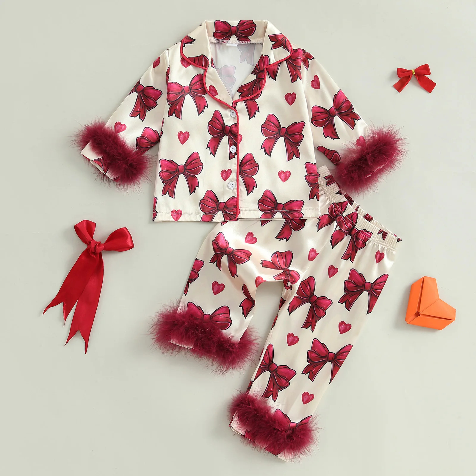 Kid Girl Satin Pajamas Set Bow Print Feather Cuffs Long Sleeve Lapel Button Down Tops with Pants Sleepwear 250617