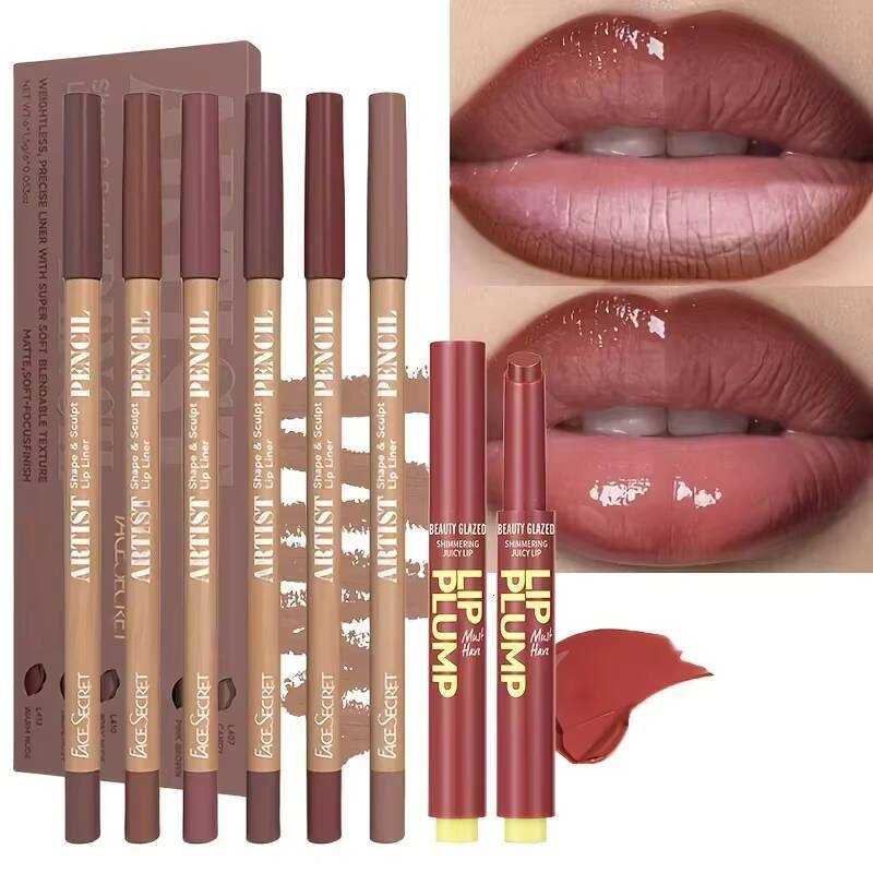 7pcs Makeup Liner Set + Lip Matte Waterproof Long lasting Lipliner Pen Moisturizing Jelly Lipstick happy