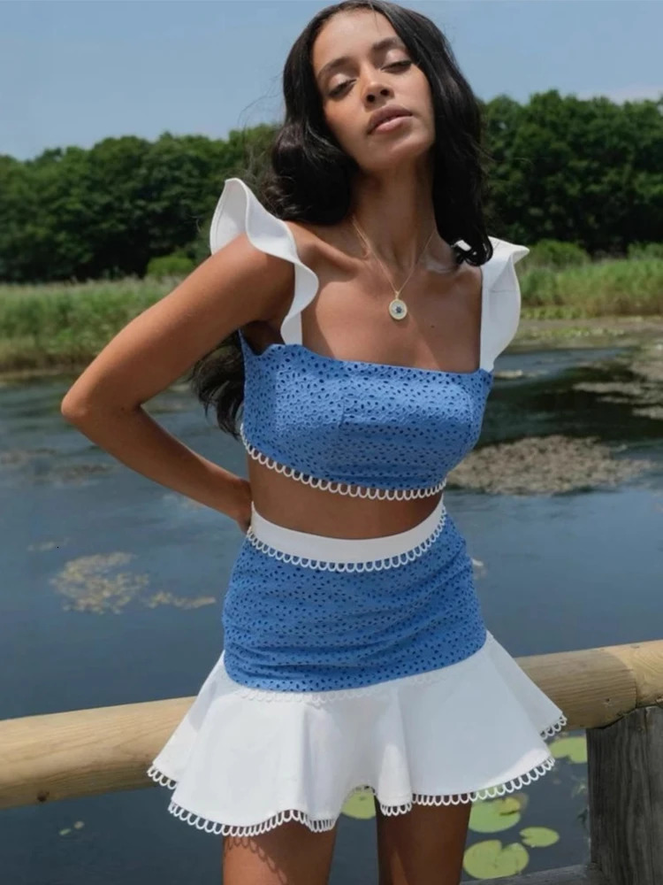 Elegant Y2K Ruffle Tiered Mini Skirts Co-ord Sets Fashion Patchwork Crop Top 2 Piece Set Mini Skirt Suits Lady Beach Outfit 250617