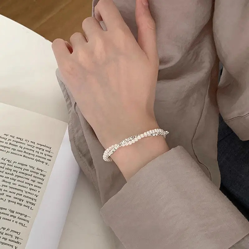 925 Sterling Silver Bracelet Double Layer Pearl Bracelet for Women Girl Vintage Bead Korean Jewelry Charm Bracelet 250616