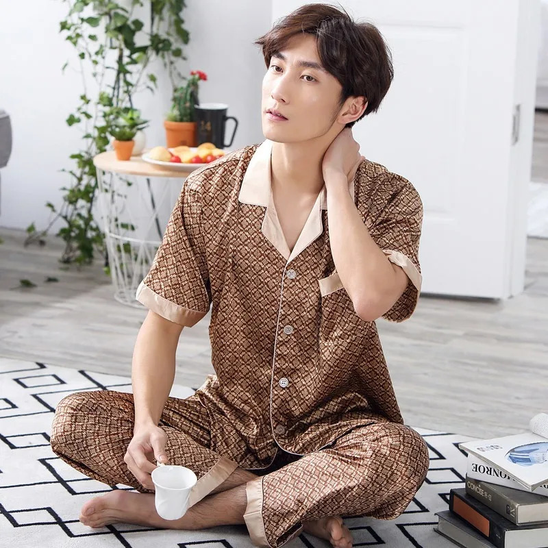 High Quality Mens Pajamas Suit Summer Ice Silk Sleepwear Thin Shortsleeved Trousers Twopiece Loungewear Male 250614