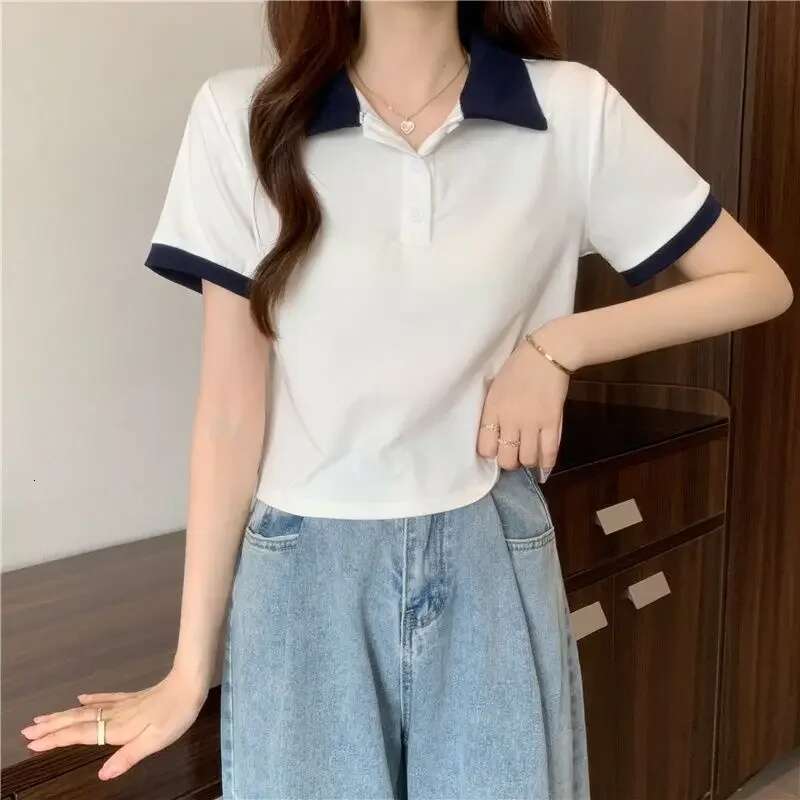 Summer Outfit Womens Polo Shirts Slim Female Tee Y2k Fashion Youthful Elegant Korean Clothing Casual Tops Synthetic T-shirts
