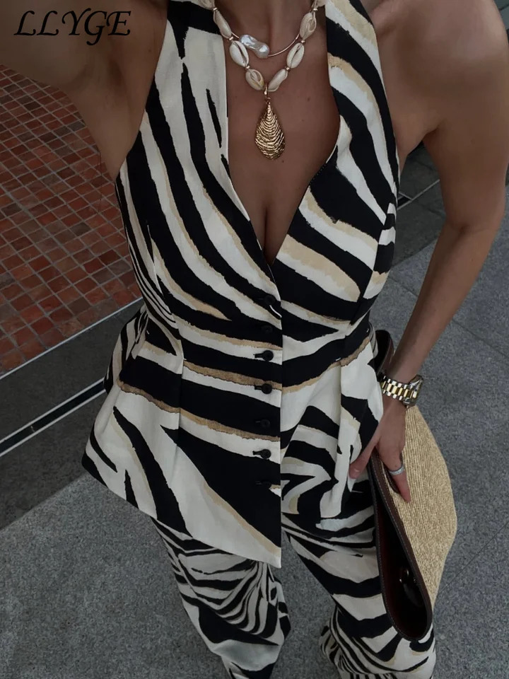 Casual Print Halter Vest Pants Sets Women Sleeveless Backless Button Tops High Waist Wide Leg Pant 2025 Summer Lady Beach Outfit 250616