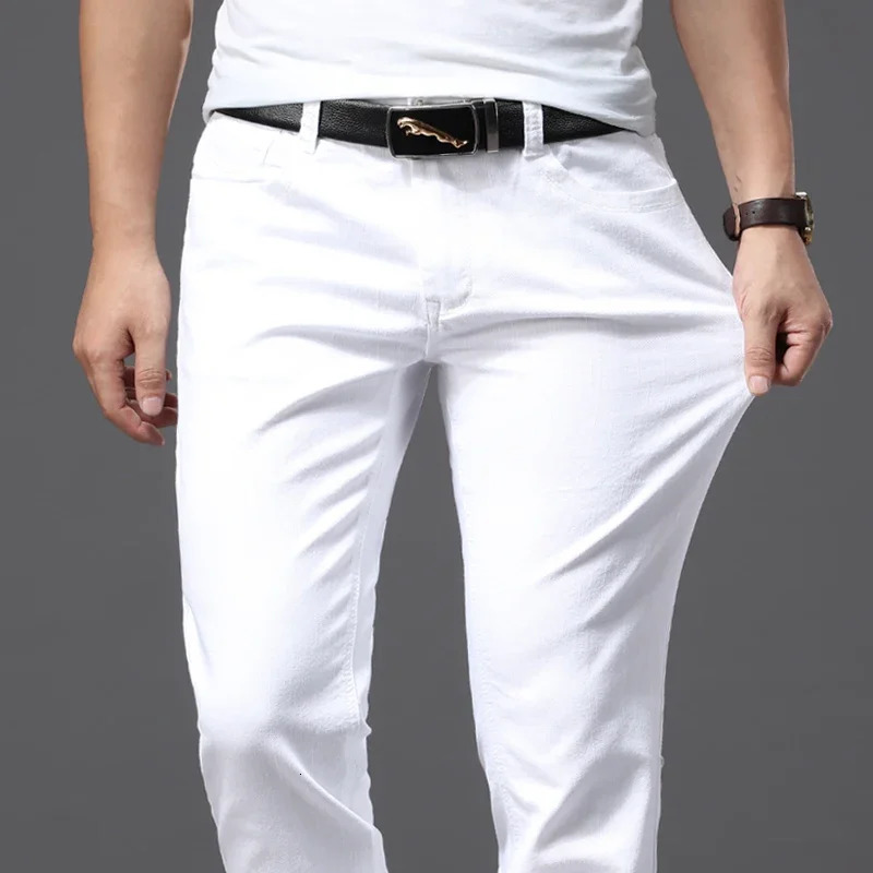 Men Slim White Jeans Elasticity Fashion Casual Classic Soft Business Trousers Male Clothing Stretch Pants 250616
