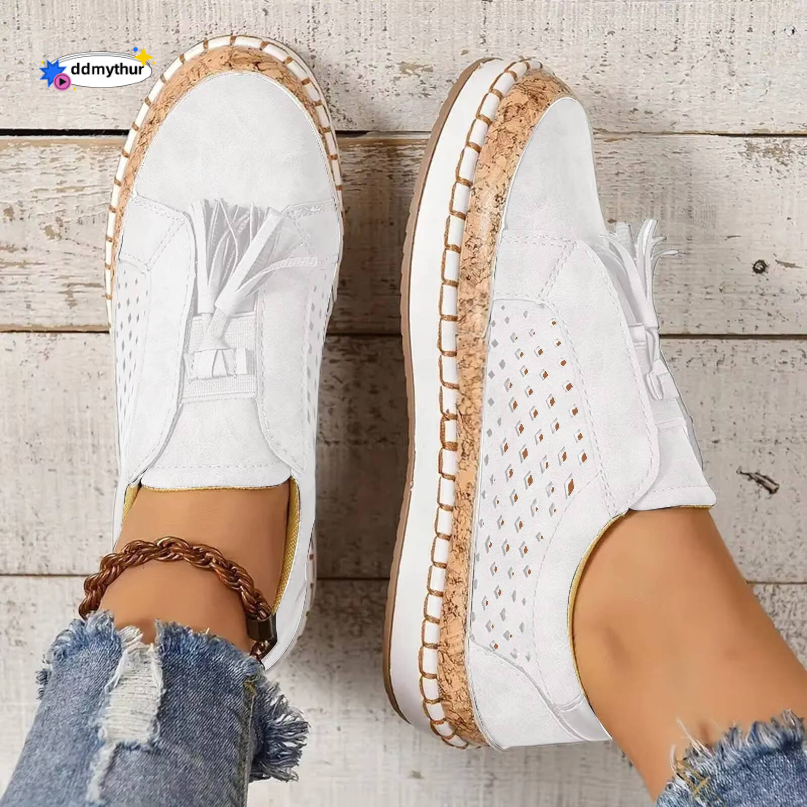 Sports Women'S Fashion Fringe Hollow Out Round Toe Flat Slip On Shoes Sneakers For Women Clearance ddmythur