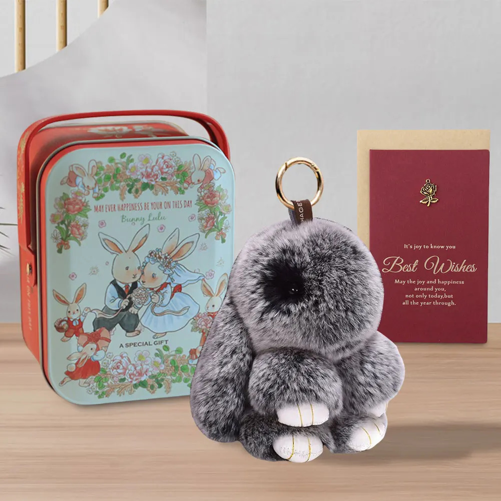 Cute Plush Bunny Keychain with Tin Lovely Keyring Pendant Car Handbag Keyring for Women Teen Girls Kids Backpack Purse 250616