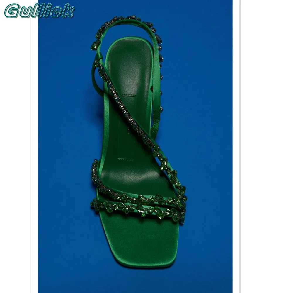 Blue Gemstone Beaded Sandals Square Toe Slingback High Heel Sexy Green Color Slip On Solid Chic Narrow Band Summer Shoes M250617