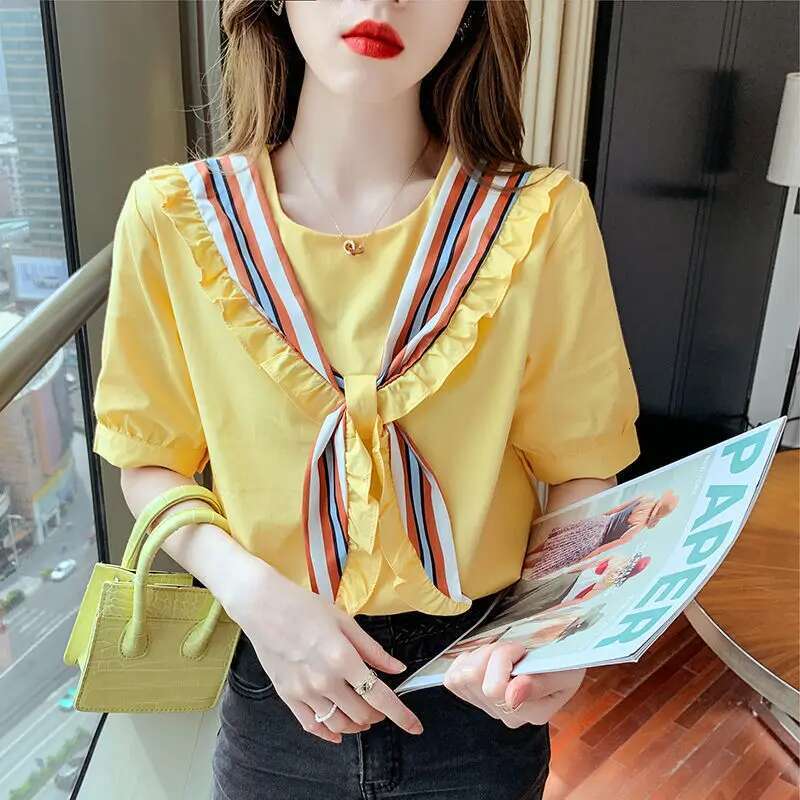 Top For Woman White Clothing Kawaii Womens Shirts And Blouses With Bow Short Sleeve Cute Frill Ruffle Offer Youthful Emo Tall