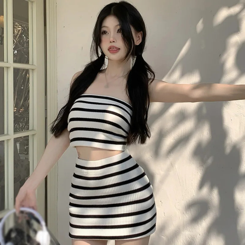 Womens Stripe Top Skirt 2 Piece Outfit Striped Crop Tube Top and High Waisted Short Skirt Set 250616